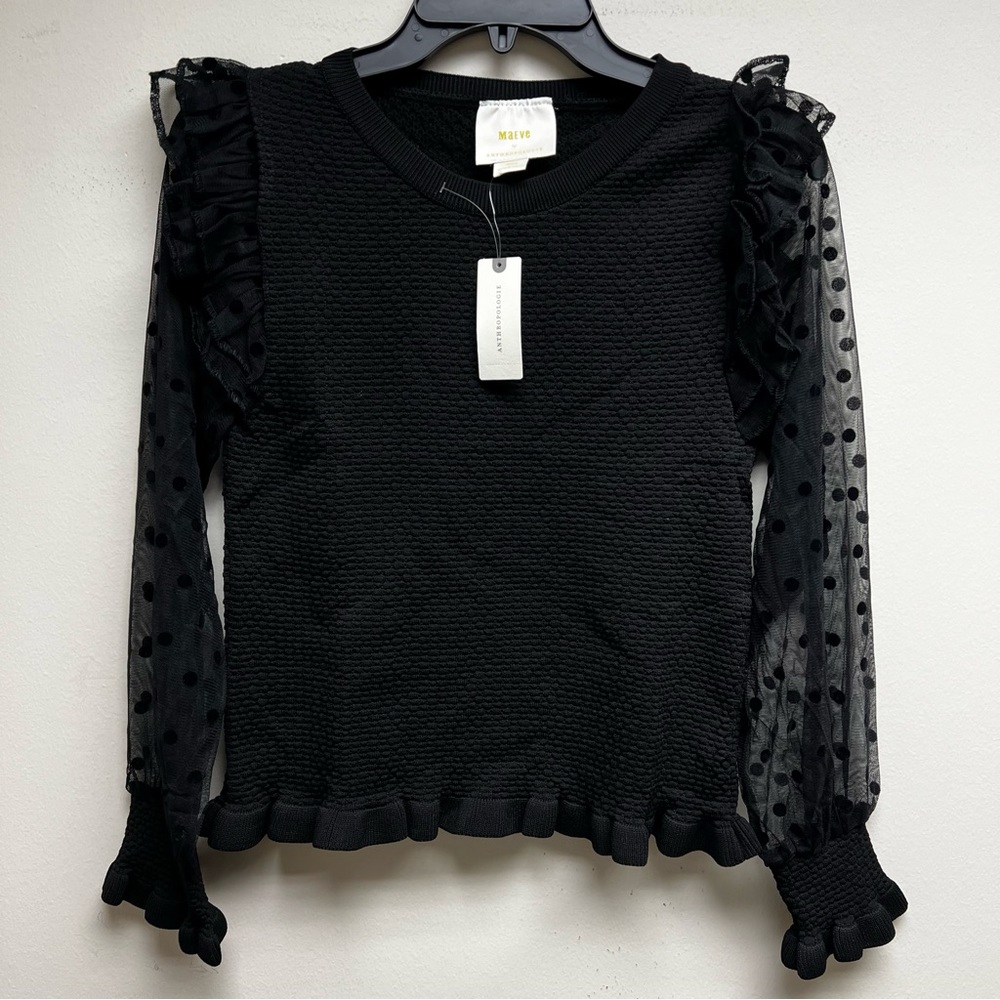 Anthropologie - Maeve - Smocked Ruffled Sleeve Top - Black - New